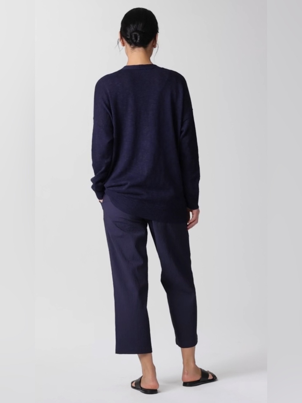 Eileen Fisher Organic Linen Cotton Slub Cardigan Sweater Sz M Navy Blue Pockets - Picture 3 of 12